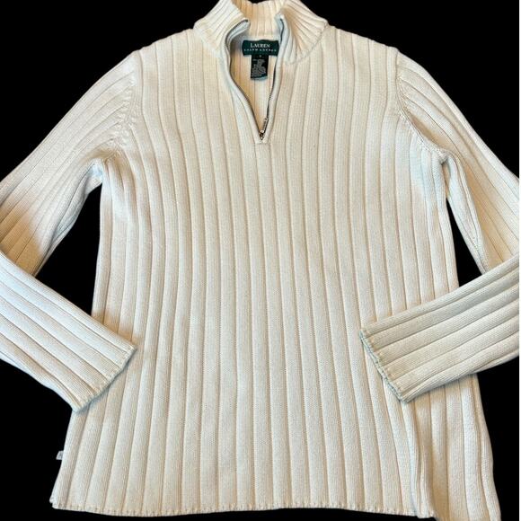 EUC Lauren Ralph Lauren Cream 100% Cotton Wide Rib Zip Mock Neck Sweater Small - Picture 1 of 10